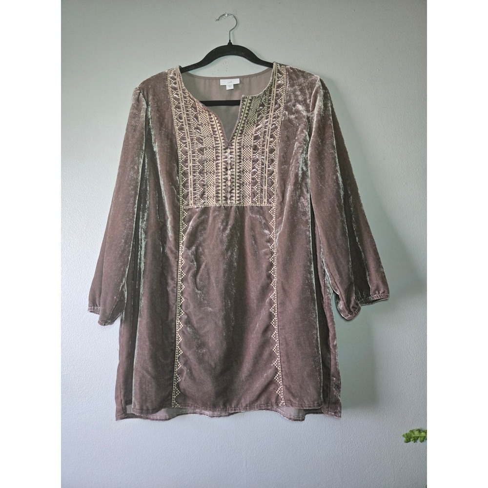 J.Jill Velvet Tunic Top Medium Taupe Long‎ Sleeve Embroidered Boho Blouse